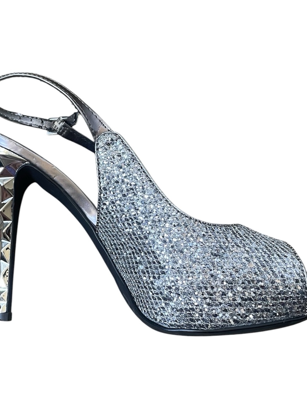 Nicole Miller women’s  Silver Sparkle Slingback Peep-Toe Heels